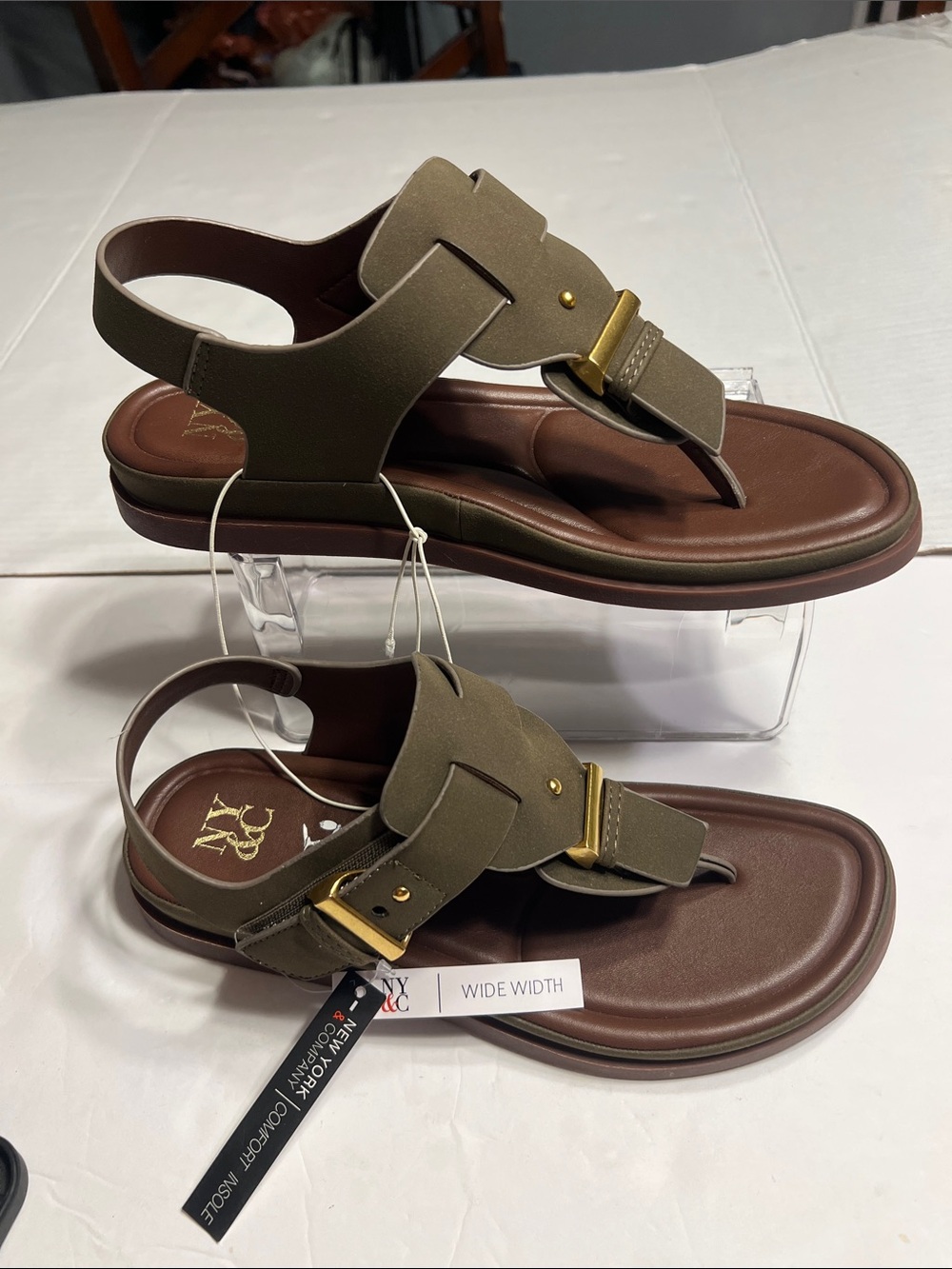 New York & Company Olive Green and Brown Thong Sandals with Gold Accents